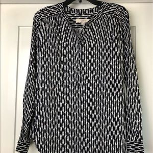 LOFT Navy Blue Print Long Sleeve Popover Top